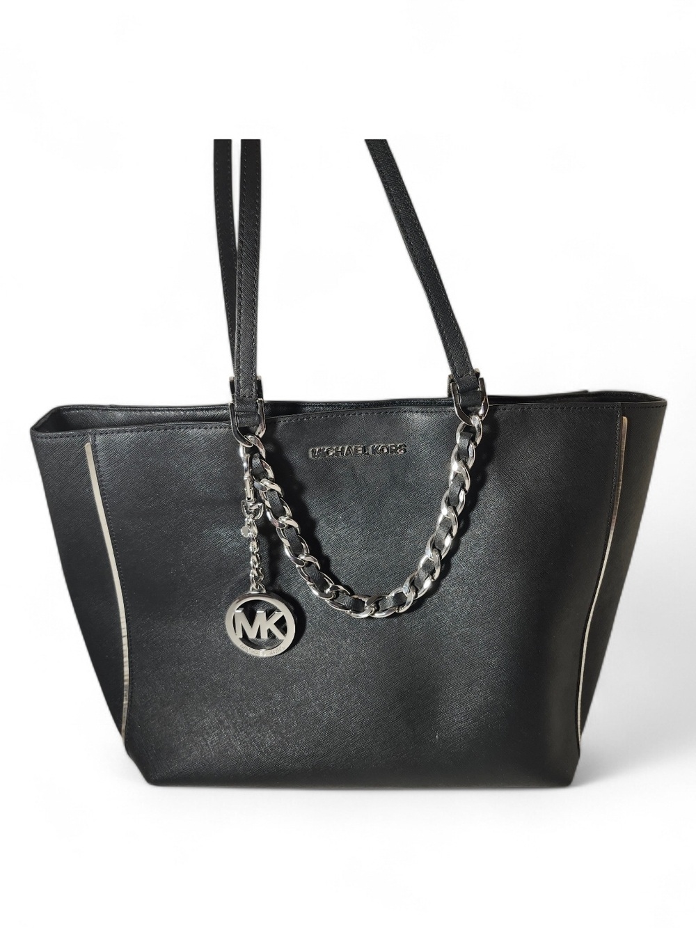 Michael Kors Black Saffiano Leather Tote Bag with Chain Accent